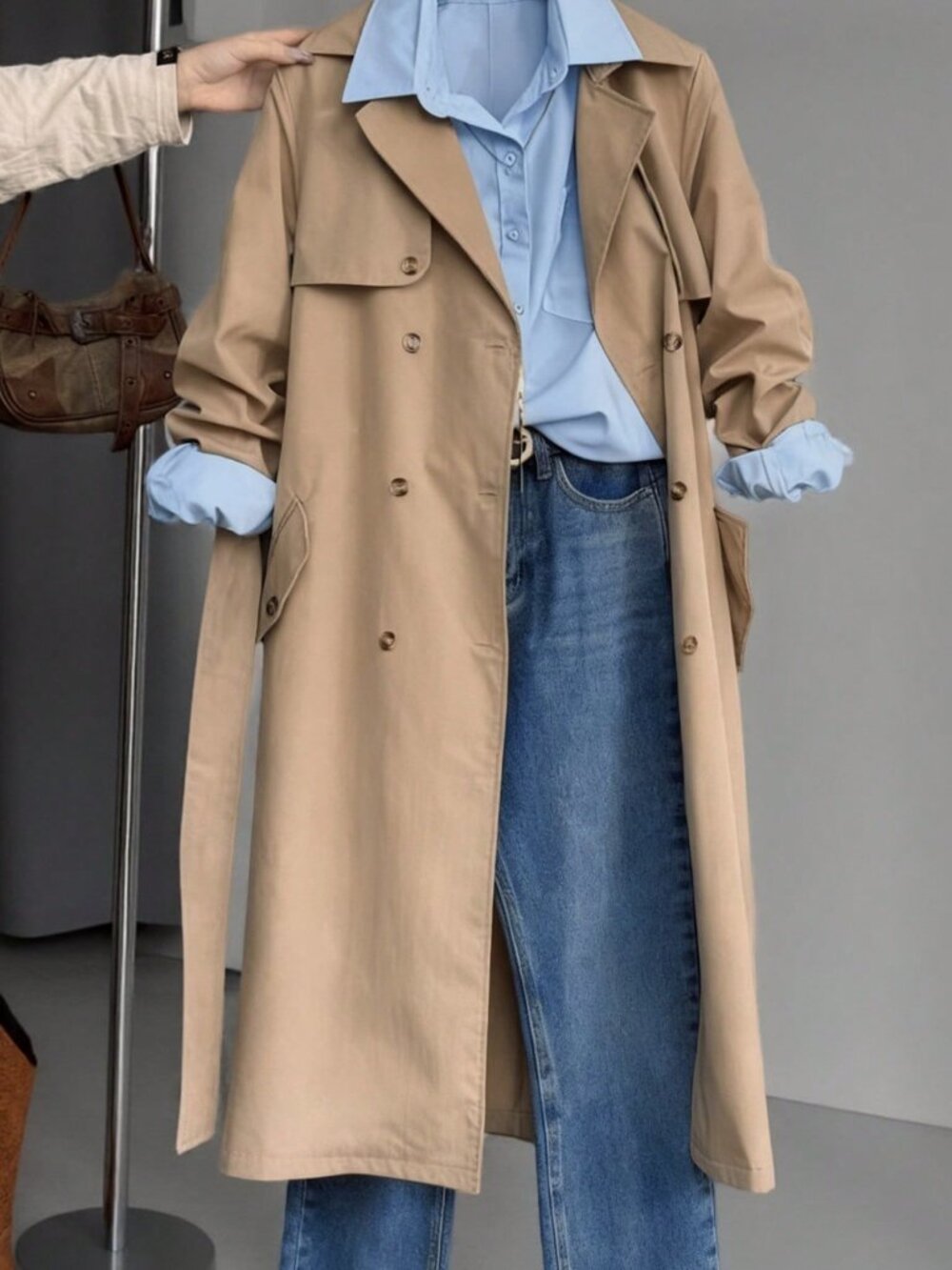 Khaki Casual Women's Trench Coat - Picture 5 of 6